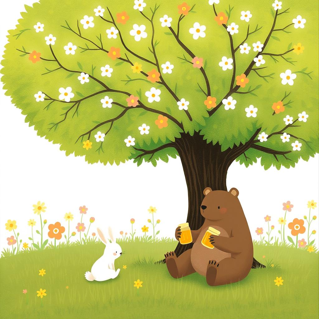 In a charming spring scene, a small white rabbit sits under a large, lush green tree, showcasing the beauty of springtime with vibrant flowers blooming all around