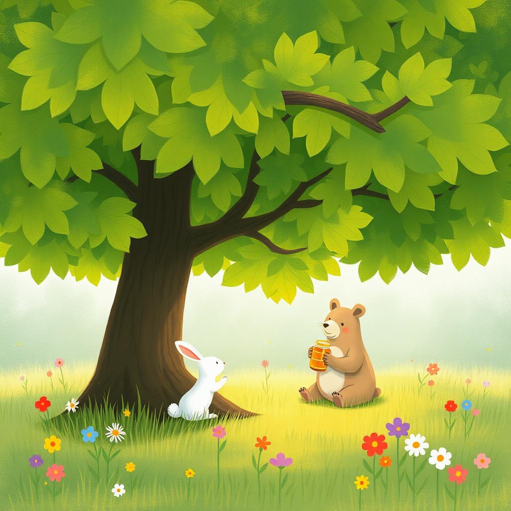 In spring, a small white rabbit is sitting underneath a large tree, where a cute brown bear holds a jar, happily eating honey