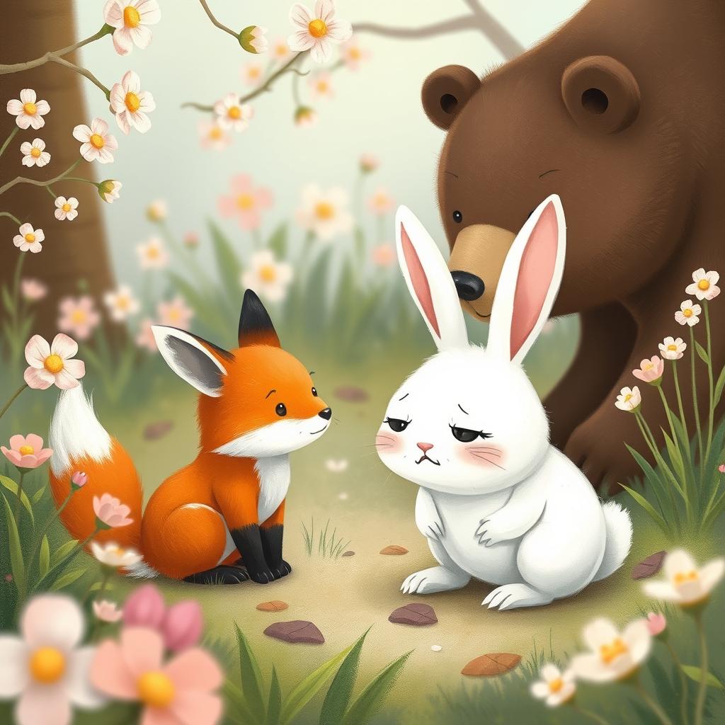 In a captivating spring setting, a small white rabbit looks quite upset as it stares at a little fox and a brown bear
