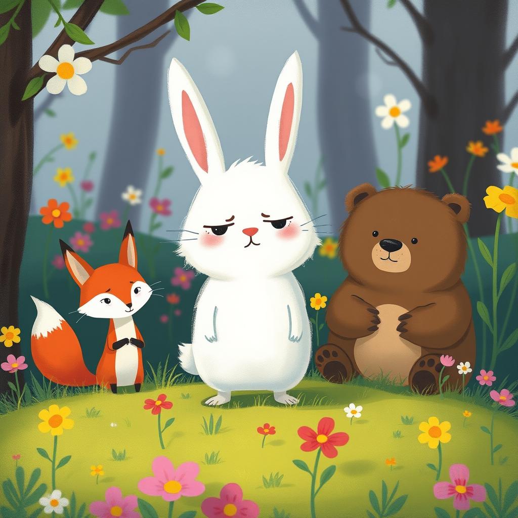 In spring, a small white rabbit looks quite angry as it stands in the center of the scene, surrounded by a mischievous little fox and a cute brown bear