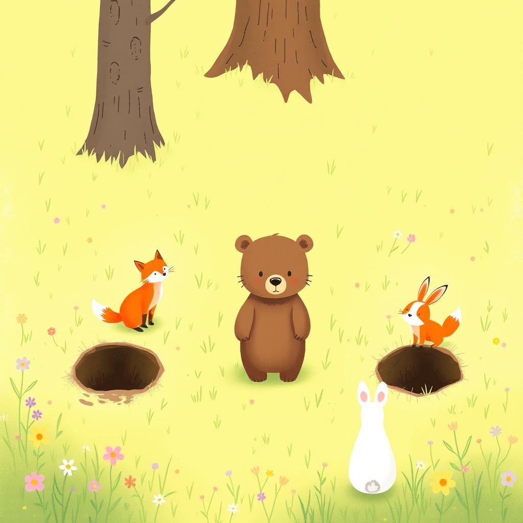 In a delightful spring landscape, a cute brown bear stands in front of a large pit, looking both curious and cautious