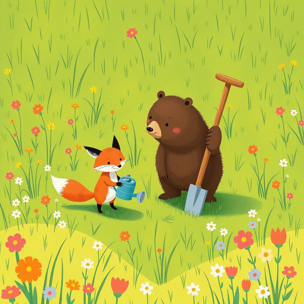 In spring, on a grassy meadow, a small fox reluctantly holds a small watering can, while a cute brown bear carries a shovel over its shoulder