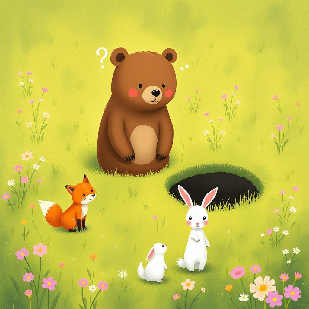 In a delightful spring meadow, a cute brown bear stands in front of a large pit, appearing curious and slightly puzzled