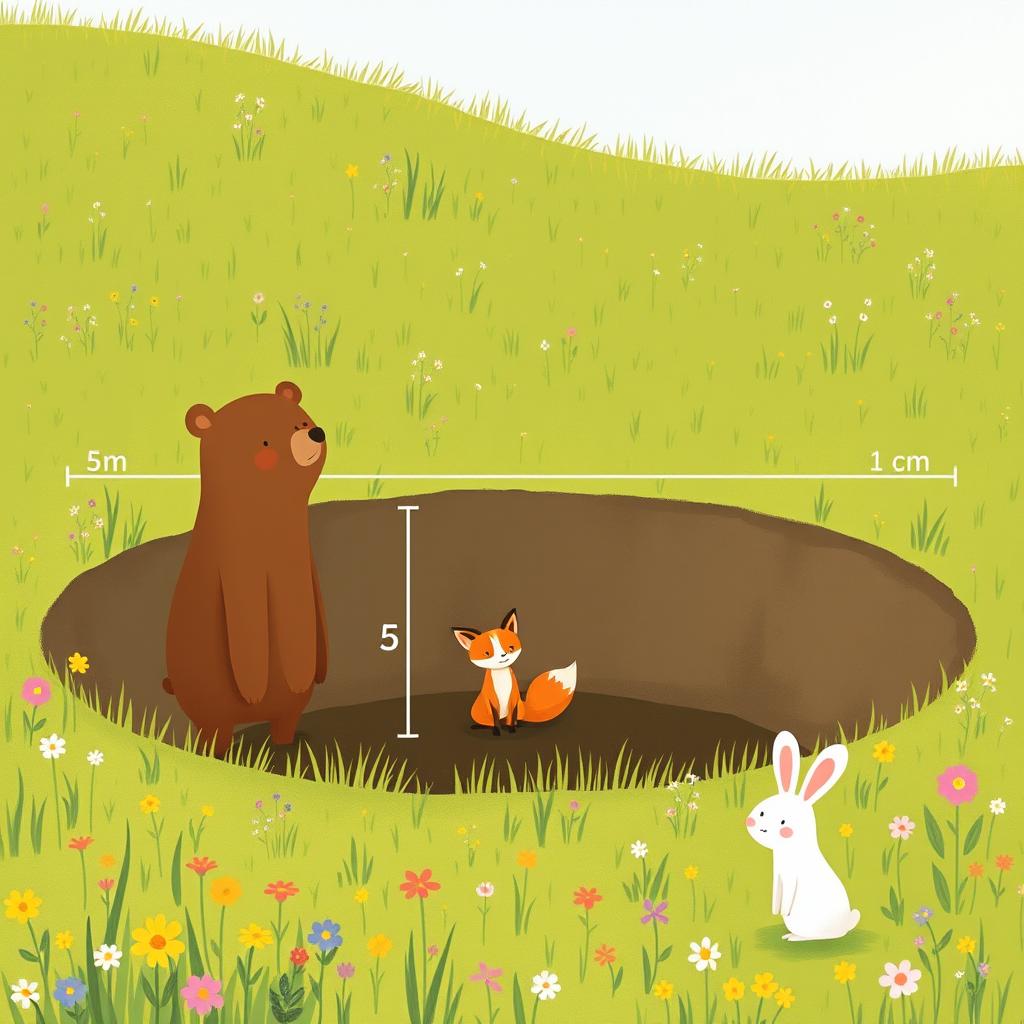 In a cheerful spring meadow, a cute brown bear stands in front of a wide pit measuring 5 meters across, looking curious and contemplative
