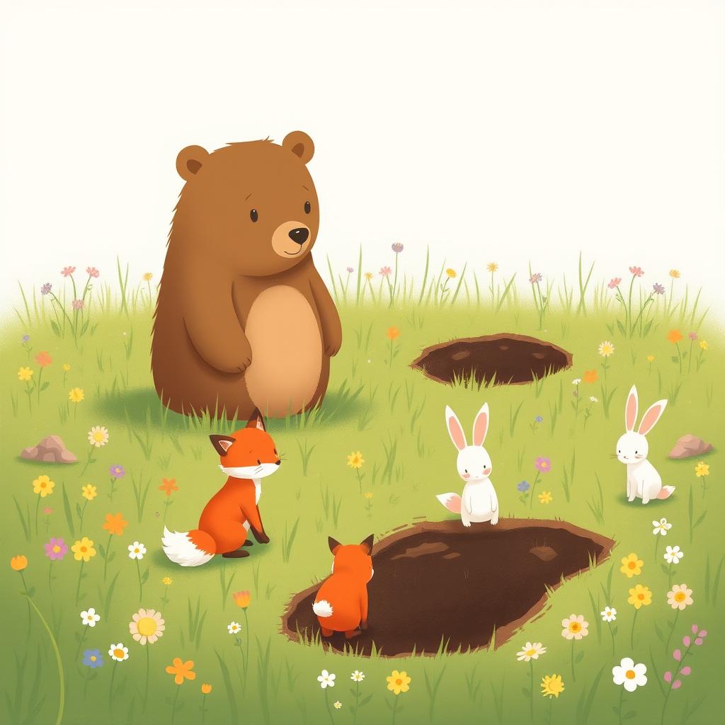 In a lively spring meadow, a cute brown bear stands in front of a large pit, looking curiously at its surroundings