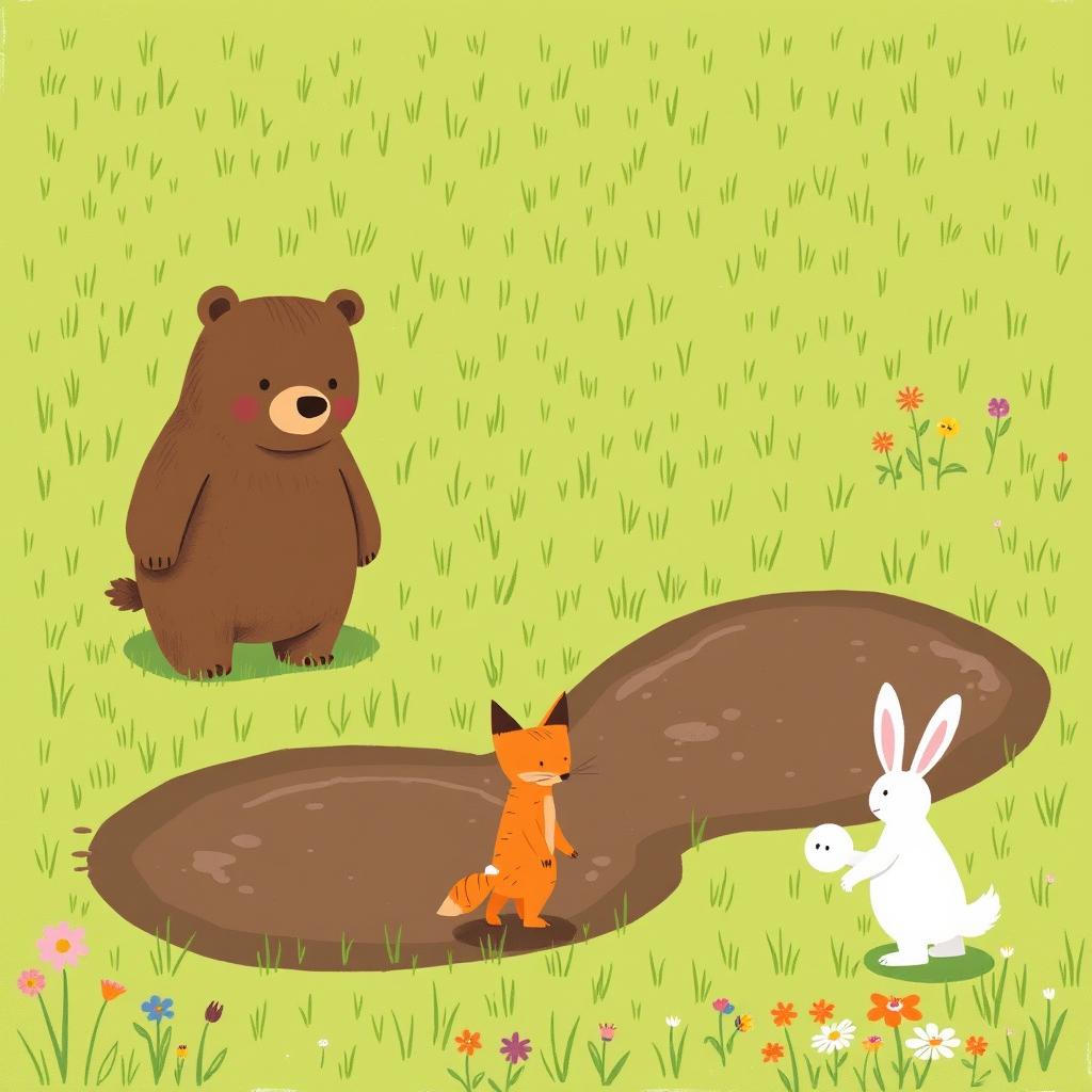 In spring, on a grassy landscape, a cute brown bear stands confidently in front of a large muddy puddle, while a mischievous little fox stands before a smaller puddle, and a small white rabbit survey the scene from in front of a medium-sized puddle