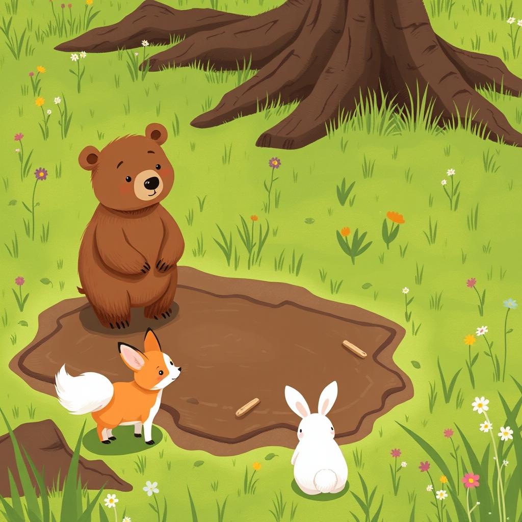 In spring, on a grassy field, a cute brown bear stands in front of a large muddy puddle, displaying a sense of curiosity