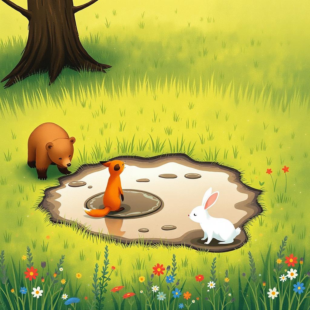 In spring, on a grassy field, a cute brown bear stands in front of a large muddy puddle, gazing curiously at its reflection