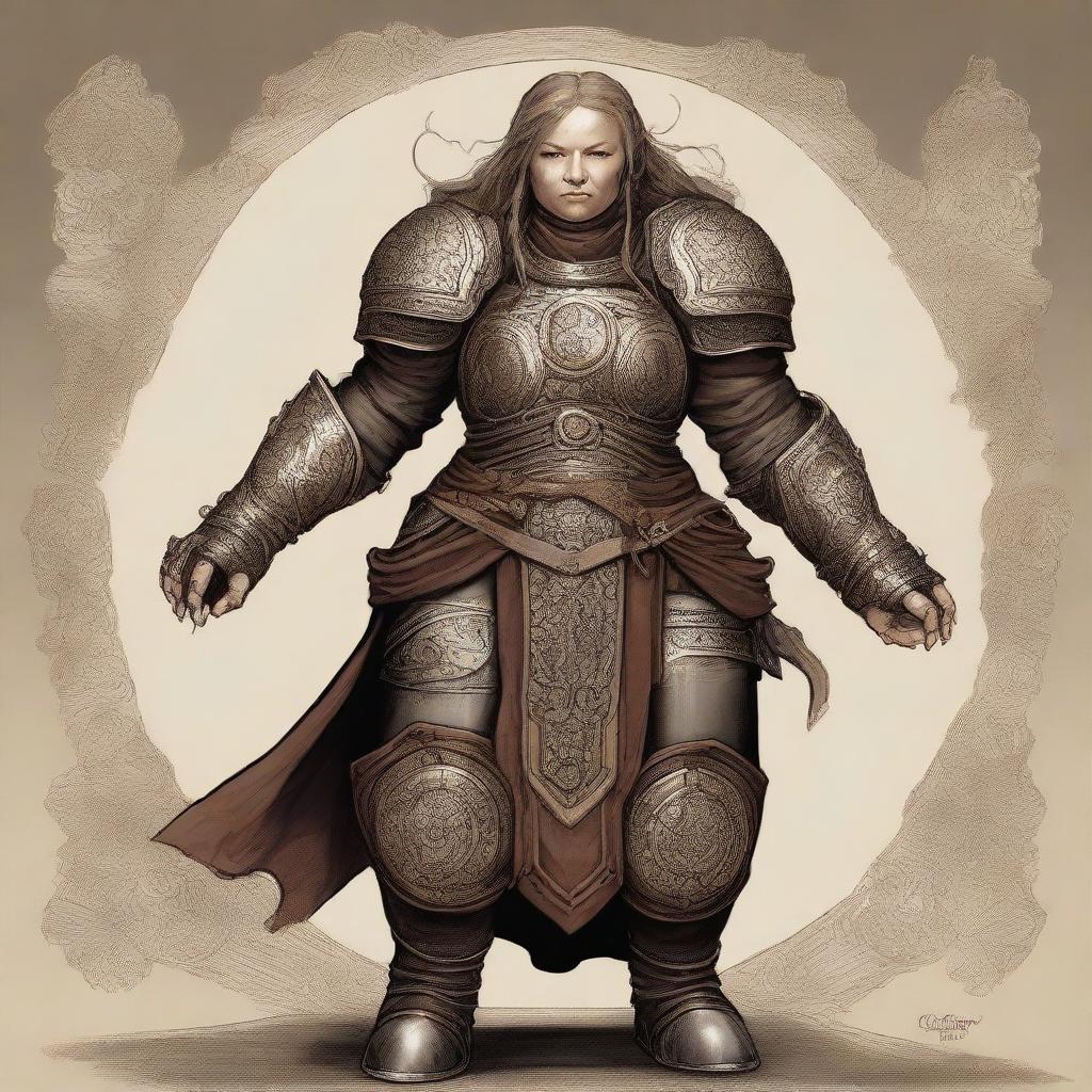 A female dwarf kineticist in detailed fullplate armor, intricately engraved with symbols of her two gate attenuators, emblematic of her connection to the wood and earth planes. Elements of wood and earth swirl dynamically around her.