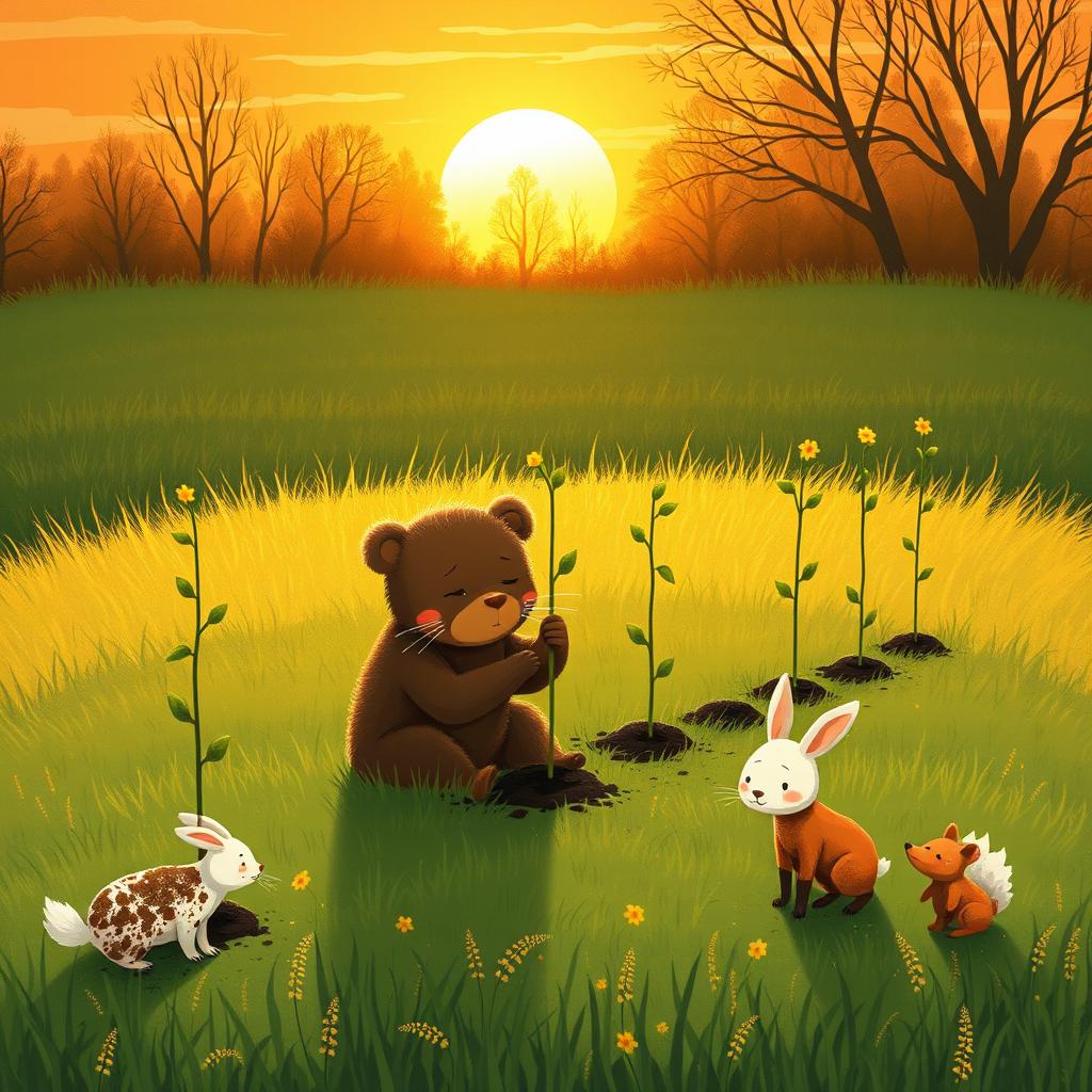 In spring, under the setting sun, a grassy field features ten freshly planted saplings, symbolizing growth and new beginnings