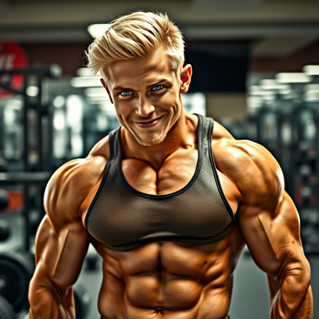 A striking visual composition of a muscular man's body, with an expertly blended handsome blonde man's face