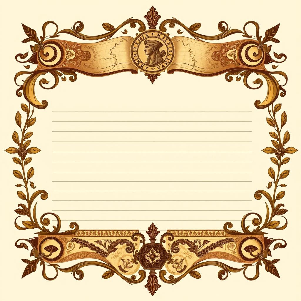 A full-page ornate border design for a history project theory section, featuring a combination of ancient motifs such as scrolls, historical maps, and symbols from various eras including Roman, Egyptian, and Medieval