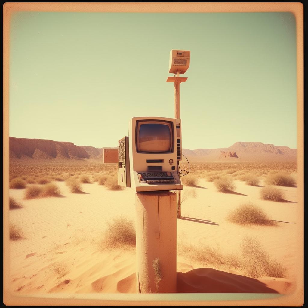 An antique Polaroid photo depicting an 80s computer perched on a tall post in the heart of a sandy desert.