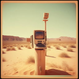 An antique Polaroid photo depicting an 80s computer perched on a tall post in the heart of a sandy desert.