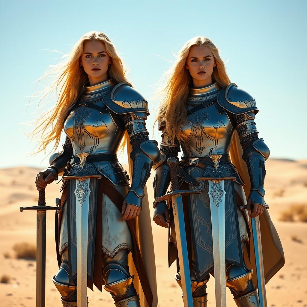 Two strong women with long flowing blonde hair, clad in shining medieval knight armor, standing confidently in an arid desert landscape