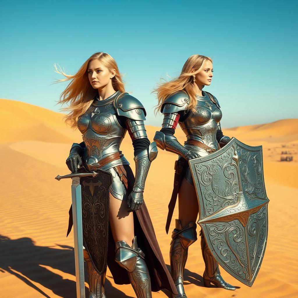 Two strong women with flowing blonde hair clad in intricately detailed knight armor, standing confidently in a vast desert landscape