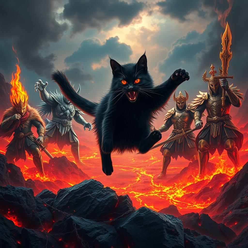 A fierce cat leaping energetically amidst a fiery landscape representing hell