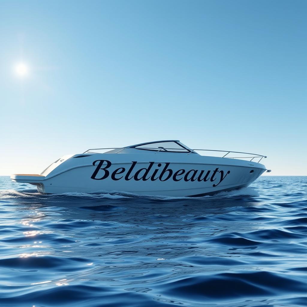 A realistic photograph of a sleek boat gracefully sailing on a calm blue sea
