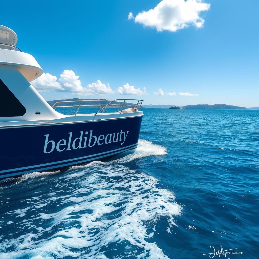 A beautiful boat sailing gracefully on the calm sea, with the word "beldibeauty" elegantly displayed on its side