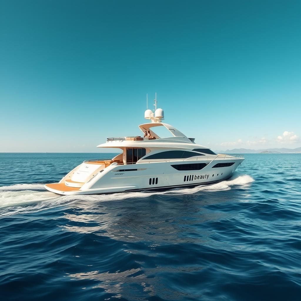 A luxurious yacht named 'Beldibeauty' gracefully sailing on serene blue waters, surrounded by gentle waves and the glimmer of sunlight reflecting on the sea