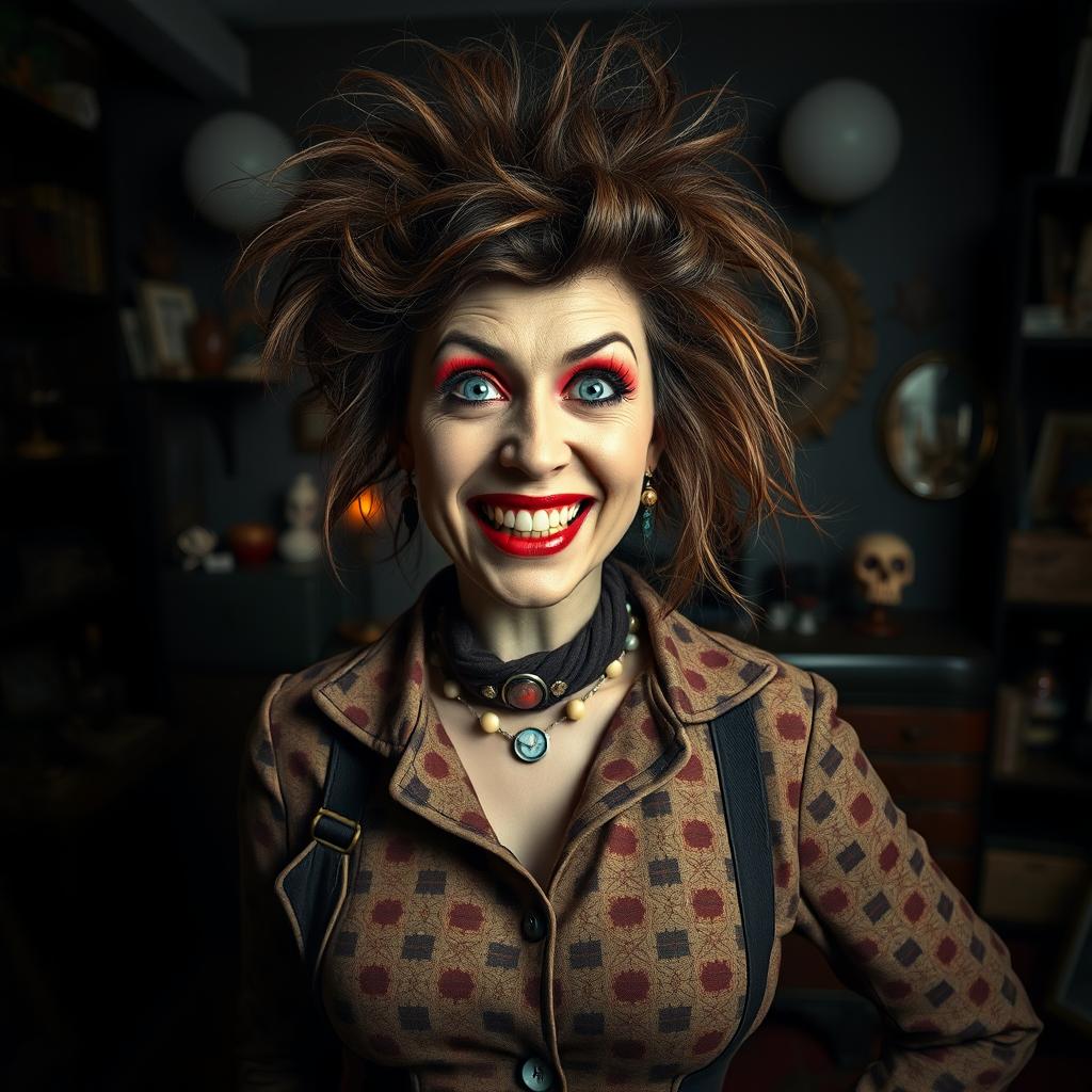 A dramatic, intense scene featuring a woman dressed in a vintage, eccentric outfit that exudes a strange charm, embodying the persona of a 'psycho aunty'
