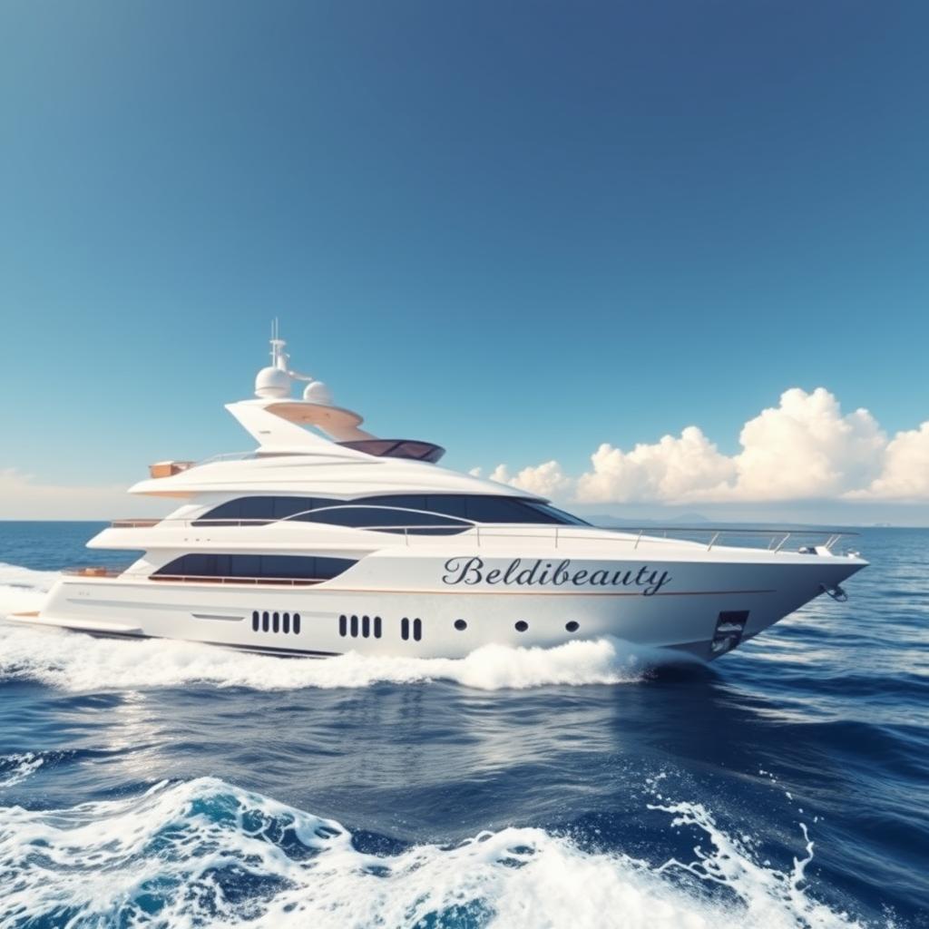A luxurious yacht named 'Beldibeauty' gracefully sailing across the shimmering blue sea, surrounded by gentle waves and a clear sky