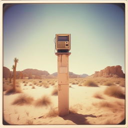 An antique Polaroid photo depicting an 80s computer perched on a tall post in the heart of a sandy desert.