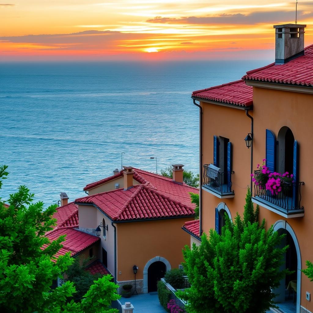 A charming Mediterranean village scene at sunset, showcasing a stunning view filled with buildings, all featuring distinctive reddish clay tile roofs