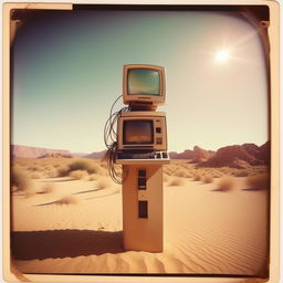 An antique Polaroid photo depicting an 80s computer perched on a tall post in the heart of a sandy desert.