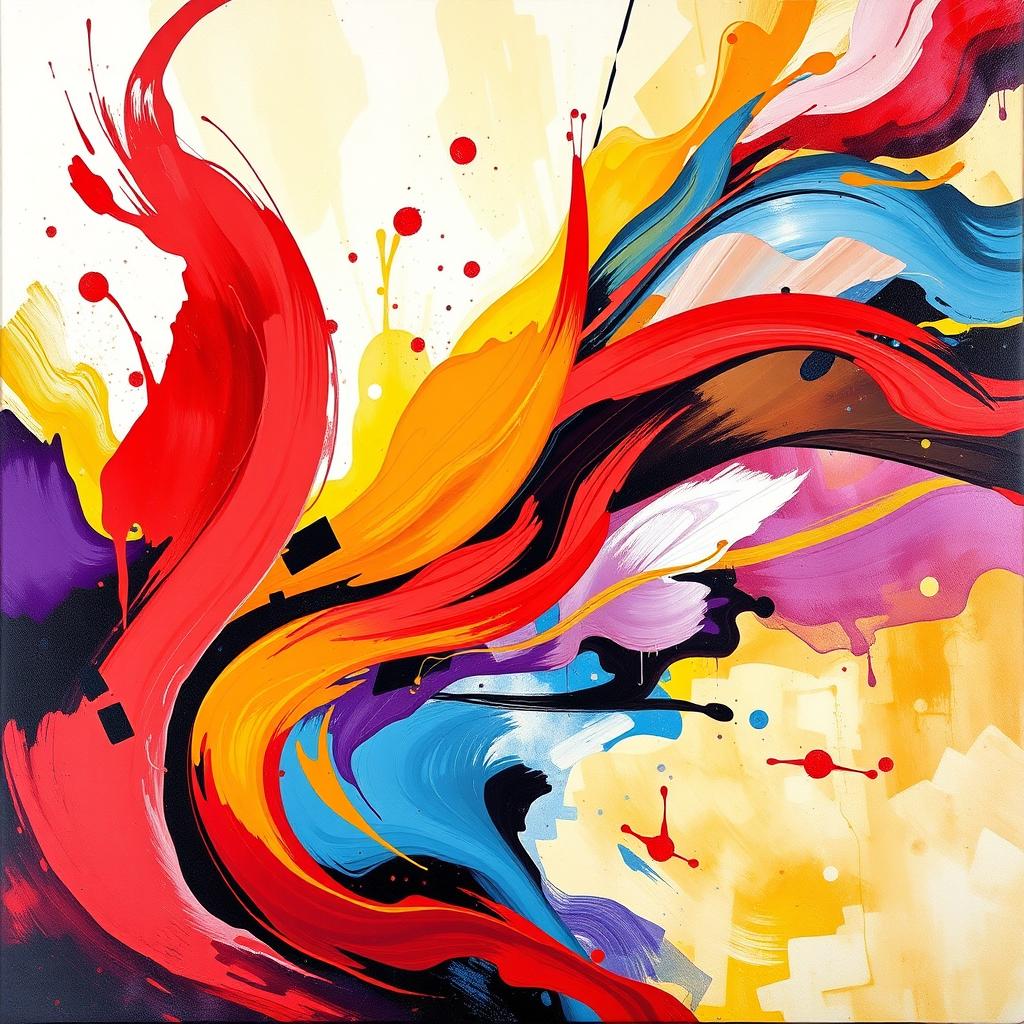 A vibrant and colorful abstract painting with dynamic shapes and brush strokes, using a blend of warm colors like reds, oranges, and yellows contrasting with cool blues and purples