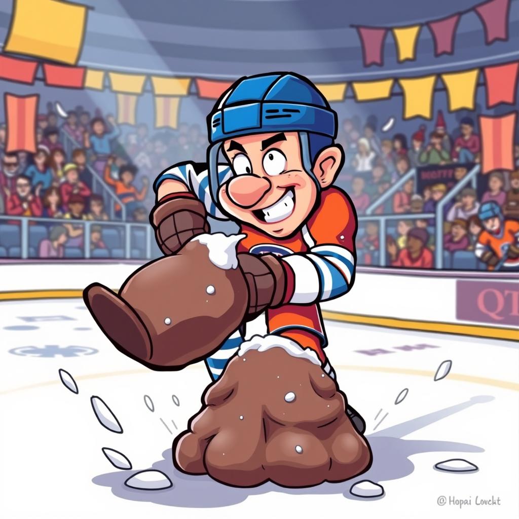 A humorous cartoon illustration of a hockey player, fully geared up in a bright colored uniform and helmet, vigorously hitting a piece of frozen dung with a hockey stick on an ice rink