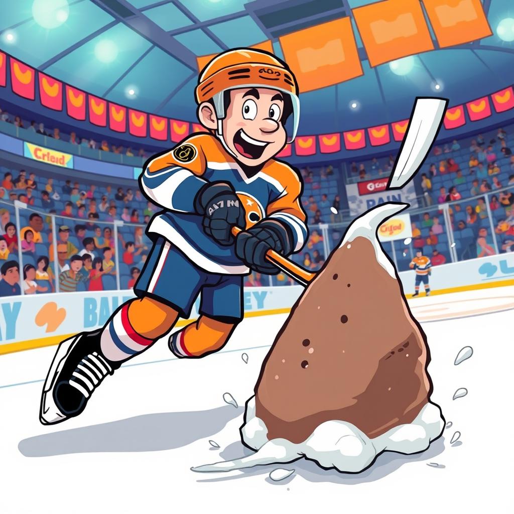 A cartoon-style illustration featuring a hockey player in action, wearing a bright hockey jersey, helmet, and skates