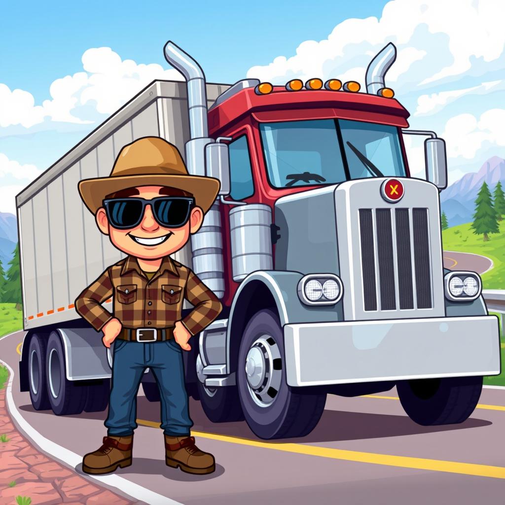 A pixelated truck driver character, standing proudly next to an oversized cargo truck
