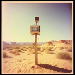 An antique Polaroid photo depicting an 80s computer perched on a tall post in the heart of a sandy desert.