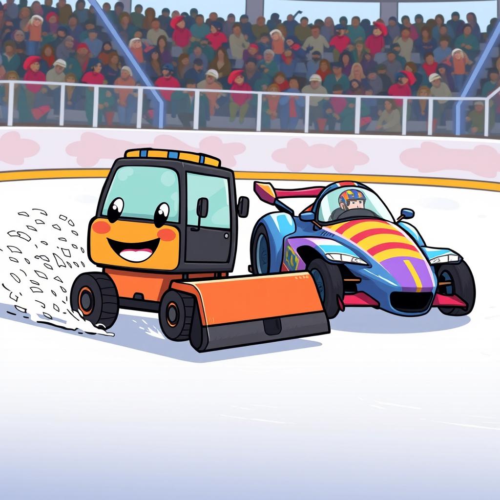 A fun cartoon illustration depicting a Zamboni crawler, designed in a cute, exaggerated style, racing against a sleek, colorful race car on an ice rink