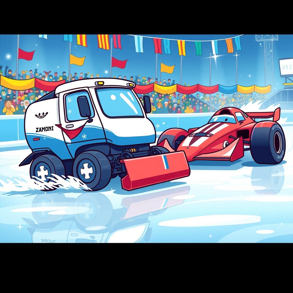 A whimsical cartoon illustration of a Zamboni crawler racing against a sleek race car on an ice rink
