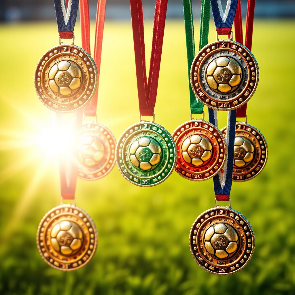 An array of eight glittering soccer medals, each intricately designed with unique patterns and textures