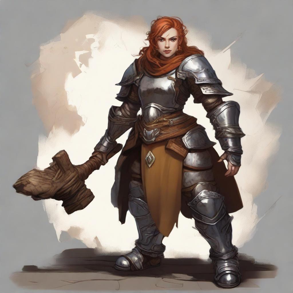 A female dwarf kineticist clad in imposing fullplate armor, with swirling fragments of wood and earth encircling her, depicting her proximity to the natural elements.