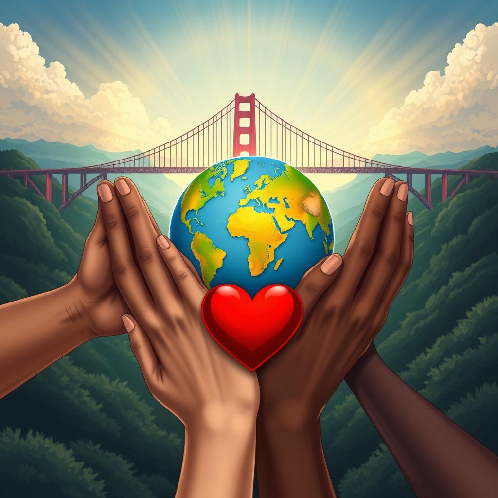 A beautifully detailed illustration depicting interlocking hands symbolizing unity and connection, with a globe encircled by a heart to represent love for the world