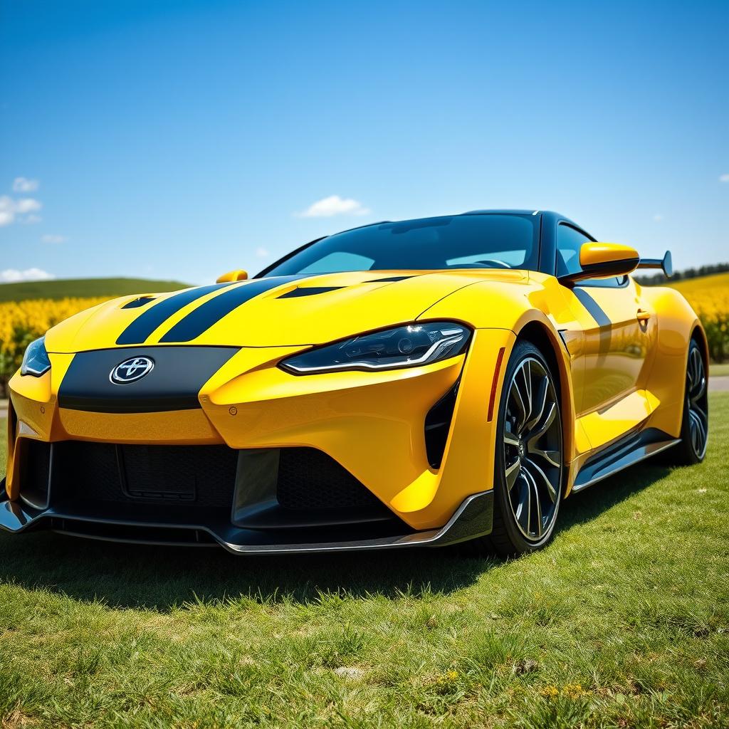 A dynamic and stylish sports car designed with a sleek aerodynamic shape, completely recolored to a vibrant yellow finish