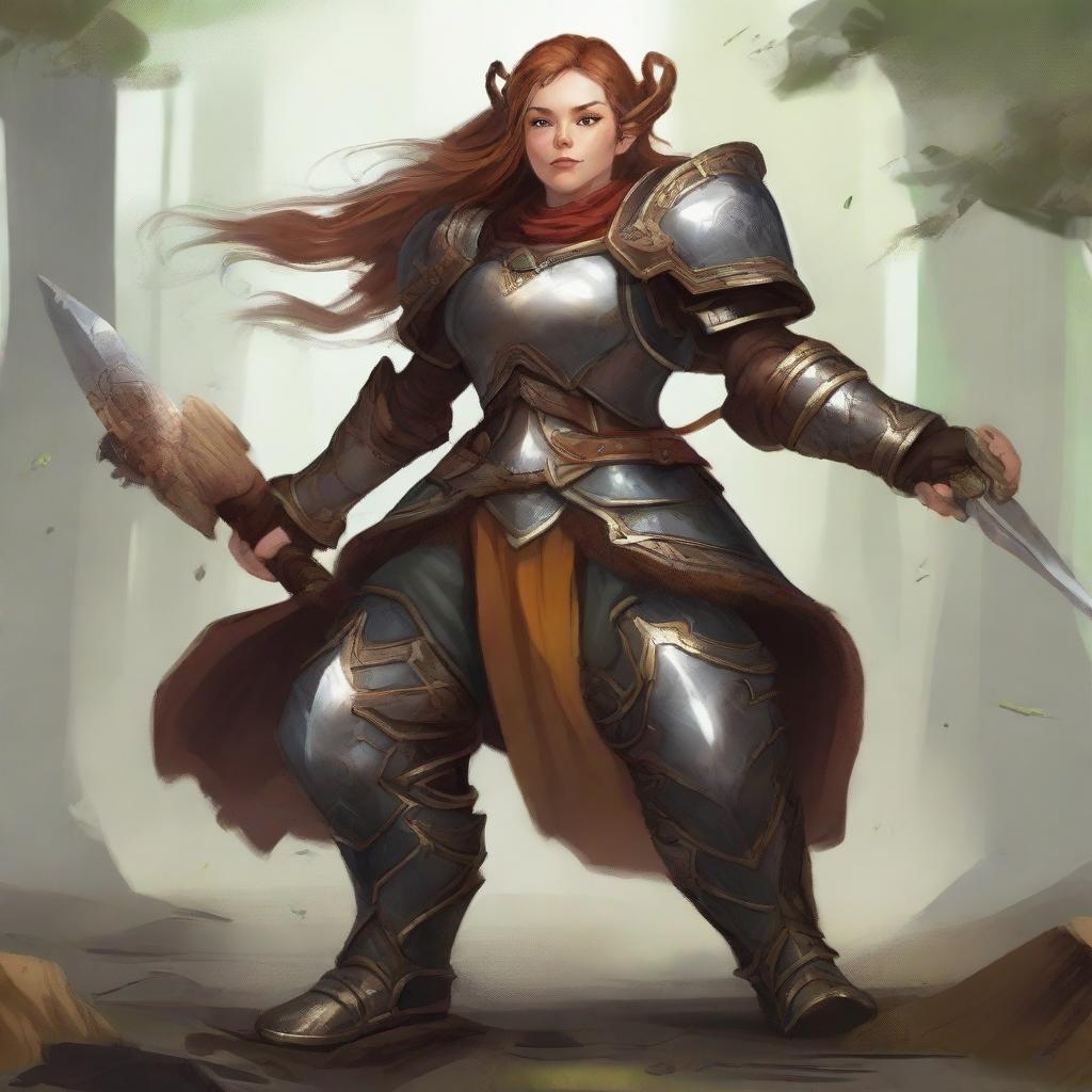 A female dwarf kineticist clad in imposing fullplate armor, with swirling fragments of wood and earth encircling her, depicting her proximity to the natural elements.