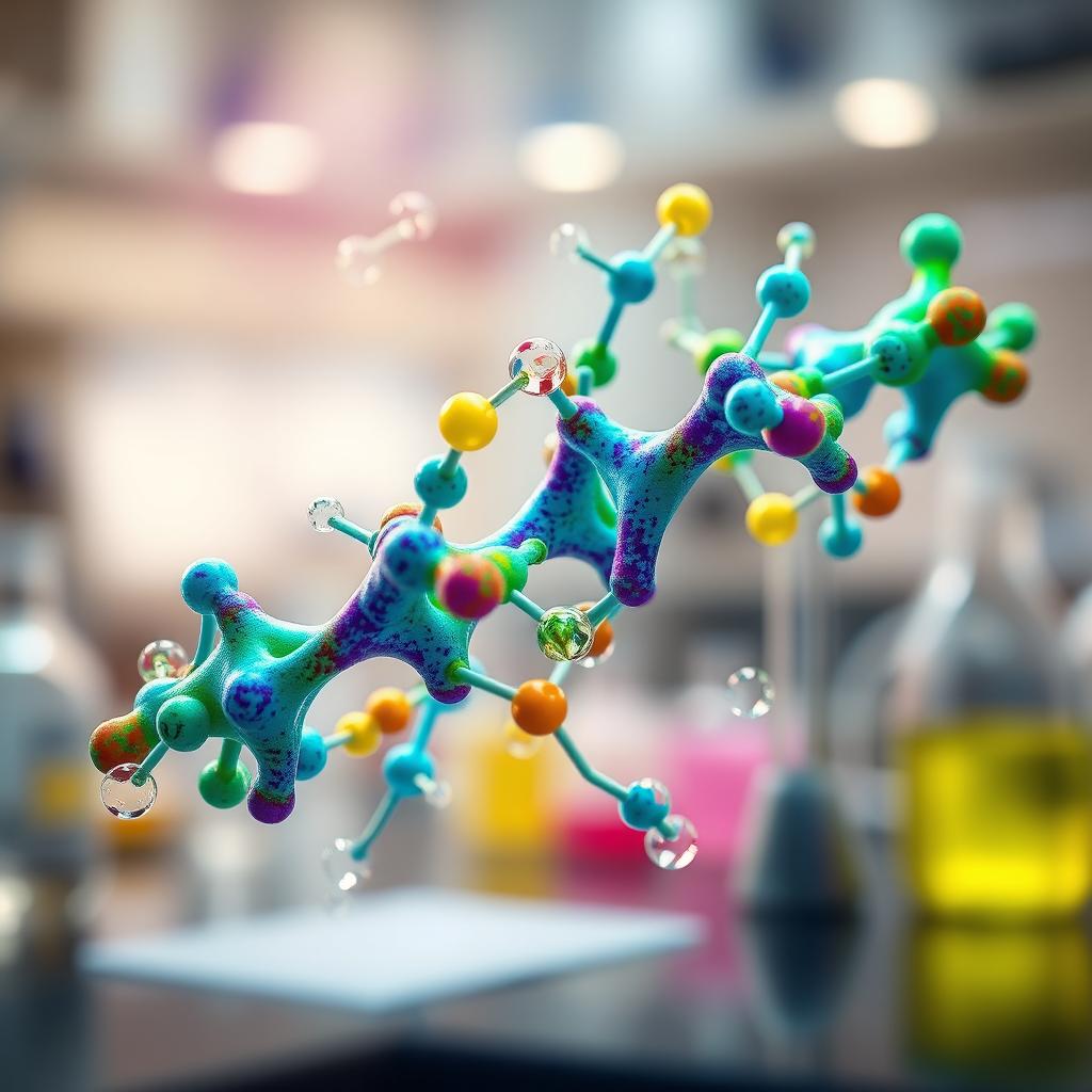 A close-up visualization of an enzyme molecule in action, depicting a colorful and intricate structure with a dynamic interaction with substrate molecules