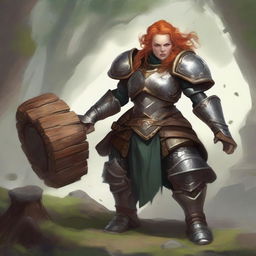 A female dwarf kineticist clad in imposing fullplate armor, with swirling fragments of wood and earth encircling her, depicting her proximity to the natural elements.