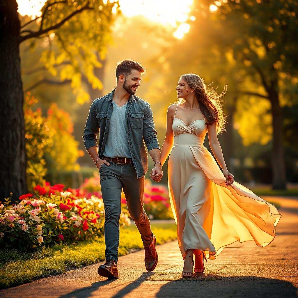 A romantic scene featuring a man and a woman walking hand in hand in a beautiful park during the golden hour
