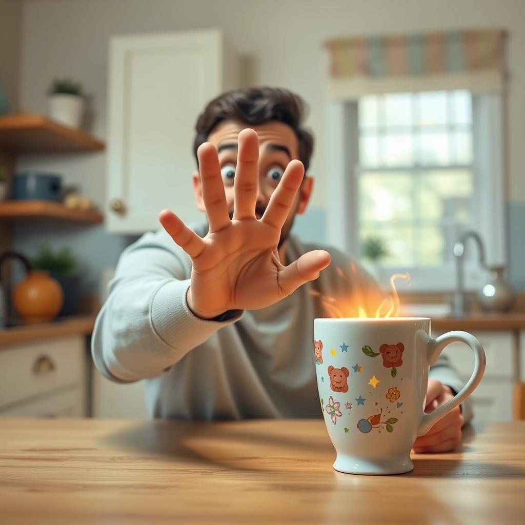 A humorous scene of a person reaching out to touch a cup, their hand being gently pushed away by an unseen force, creating a comical moment