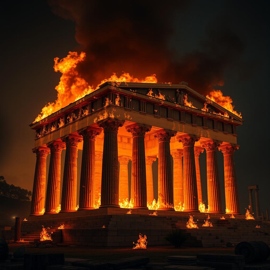 A dramatic scene of the Temple of Zeus engulfed in flames, showcasing the ancient Greek architecture with its grand columns and intricate sculptures