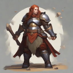 A female dwarf kineticist clad in imposing fullplate armor, with swirling fragments of wood and earth encircling her, depicting her proximity to the natural elements.