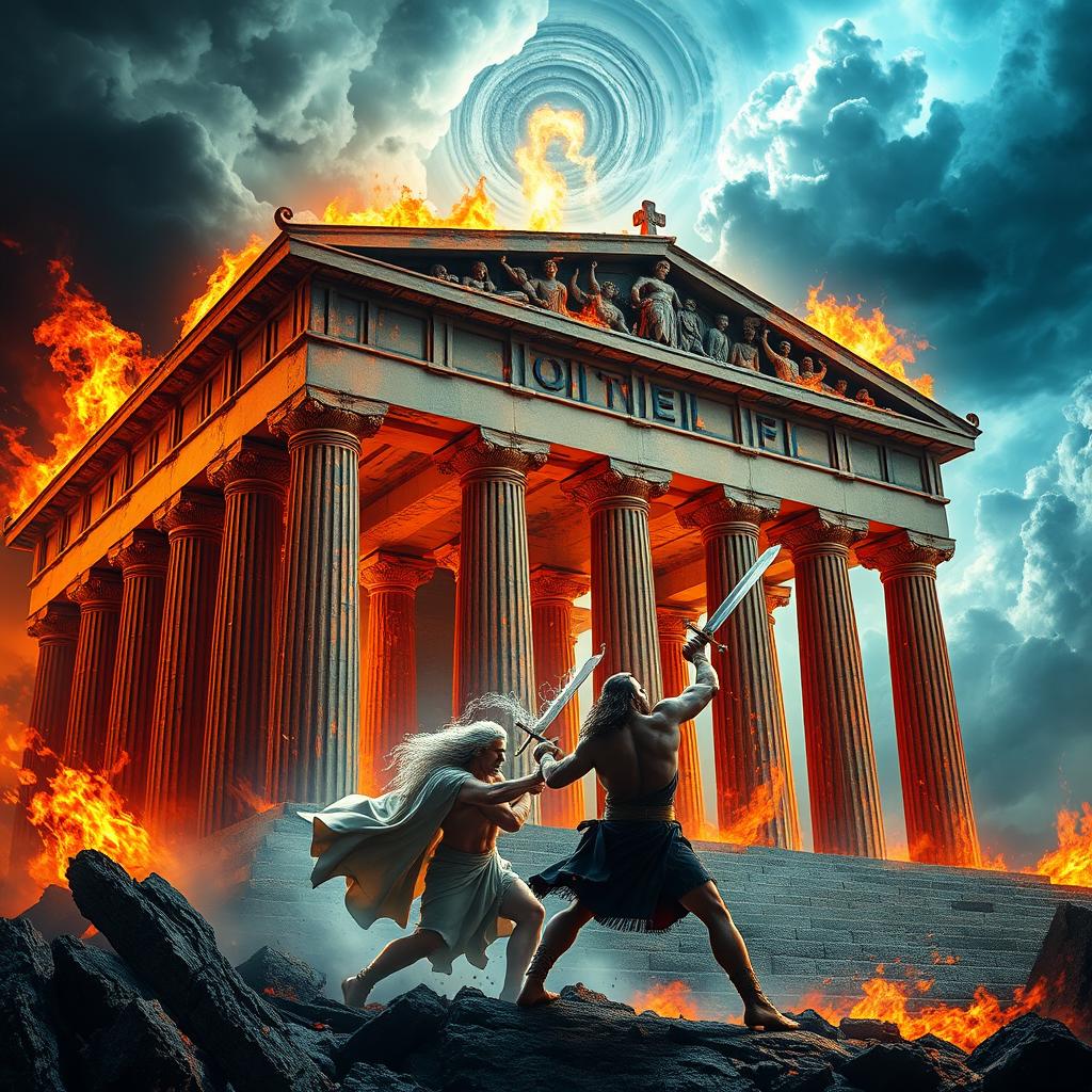 The magnificent Temple of Zeus, engulfed in flames, with dramatic contrasts between light and shadow