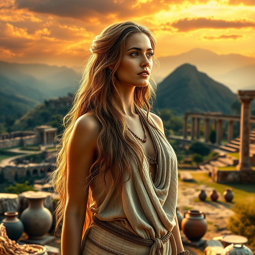 A stunning ancient woman standing confidently in an archaeological setting, embodying the beauty and strength of early civilization