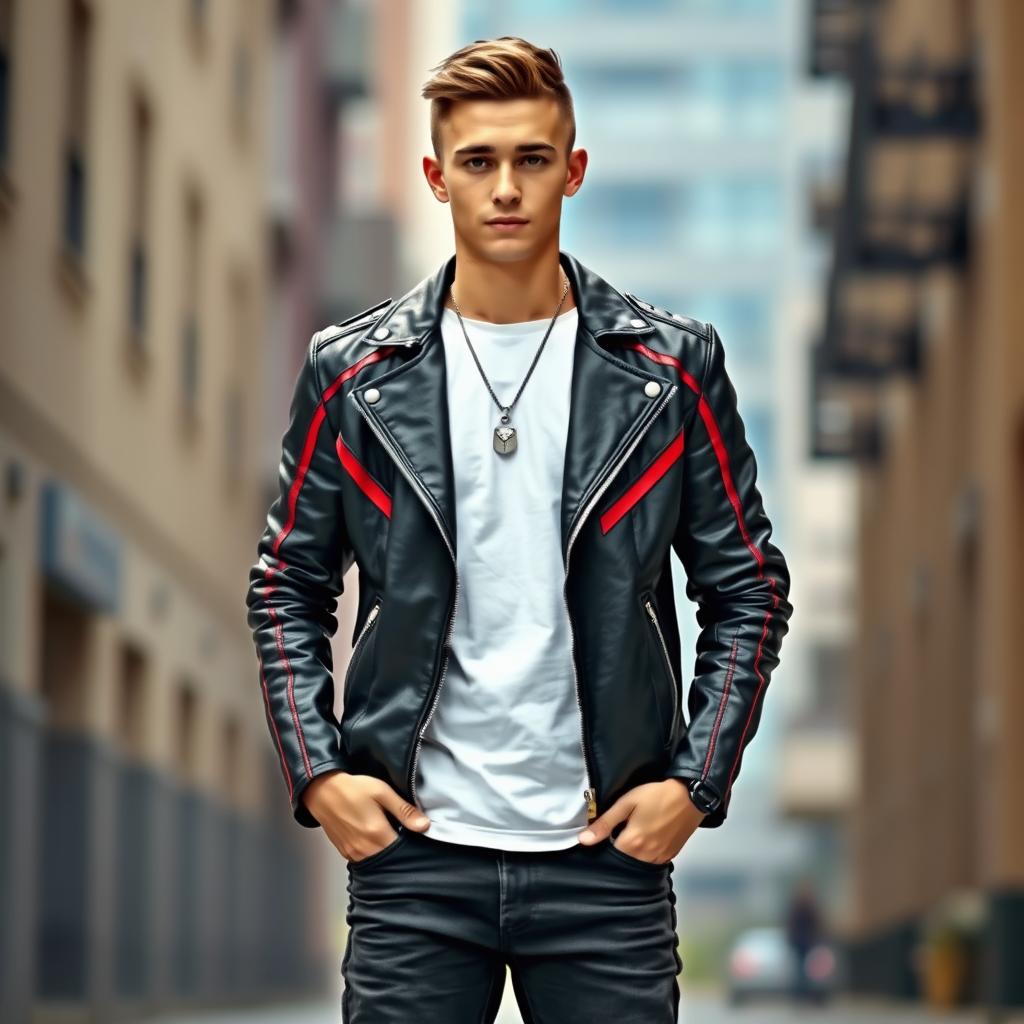 A young adult male standing confidently at 173 cm tall, wearing a stylish black leather motorcycle jacket with striking red lines